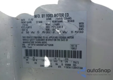 2008 Ford F-150 Fx4/Lariat/Xl/Xlt из США, поврежденный, VIN 1FTPX14558FA71208